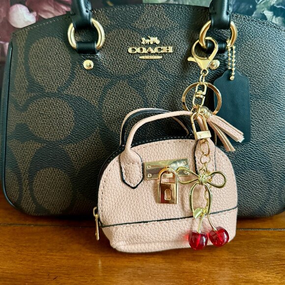 NEW 2-Pc Mini Keychain Pink Coin Purse & Red Cherry Purse Charm - Picture 1 of 3